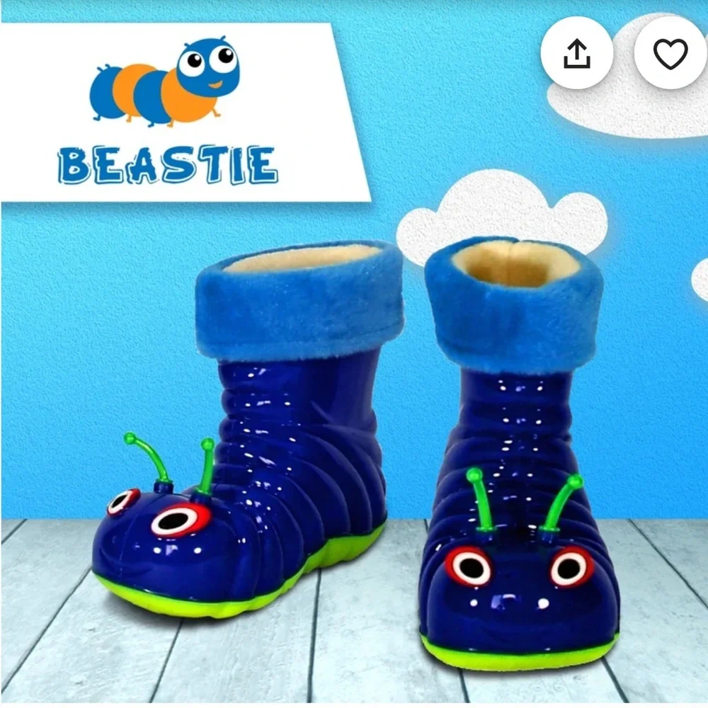 BEASTIE Little Kids Blue/Green Caterpillar Fleece Lined Rain/Snow Boots